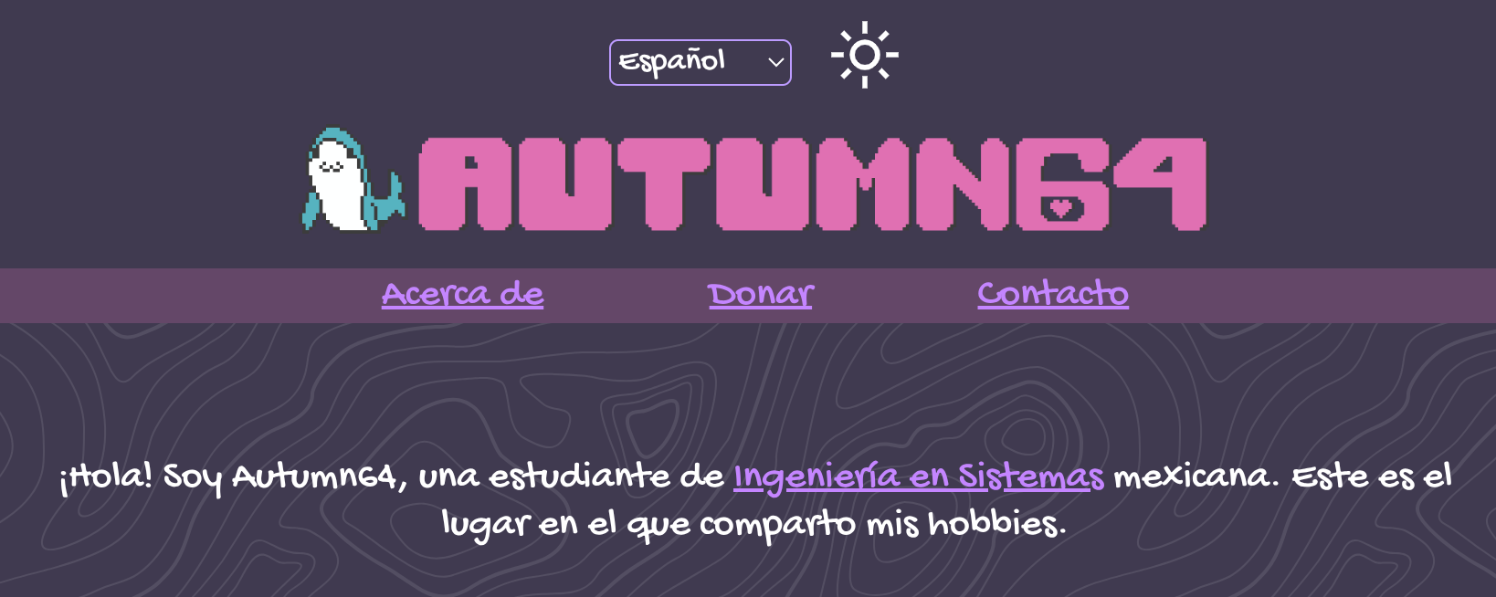 Captura de pantalla de mi página web con el tema oscuro aplicado en un morado grisáceo oscuro.